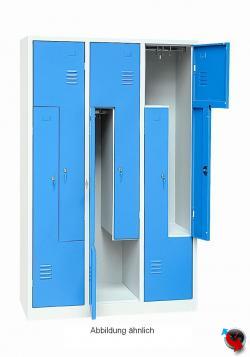 Stahl Z Schrank - Z Spinde - Designlochung in der Türe - Türen blau - 6 Abteile - Gesamt 120 cm  breit - 6 Drehriegel - Lieferzeit ca. 2-3 Wochen ! 